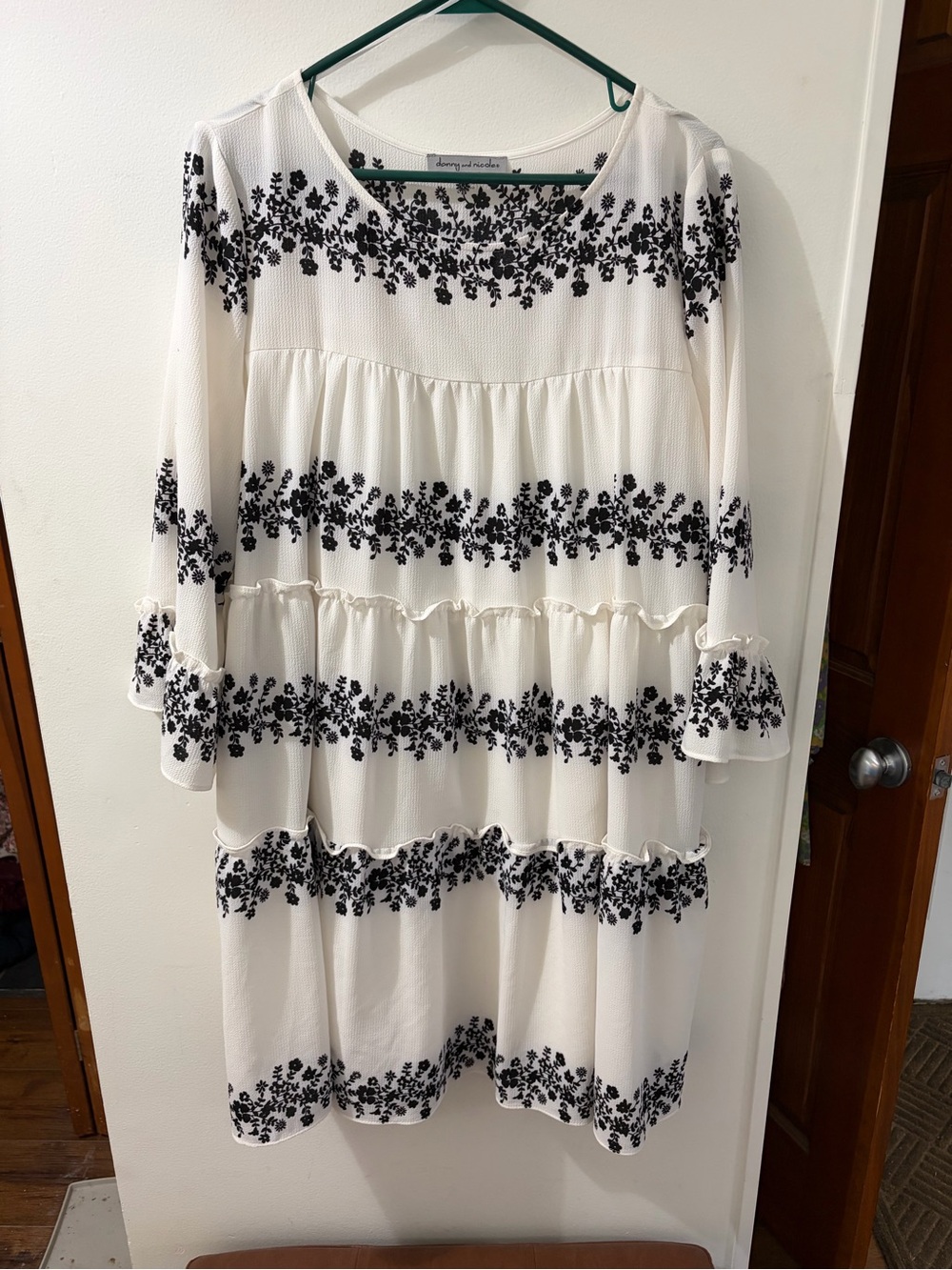 Danny & Nicole White Long Sleeve Tiered Dress with Black Floral Embroidery